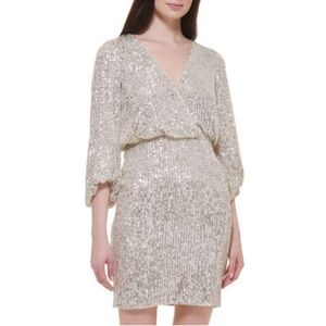 Eliza J. Sequin Dress Stretch Balloon Sleeve Mini Champagne Size 8